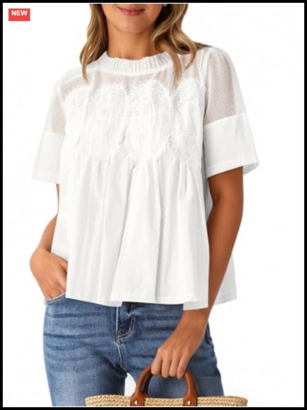 Women's Lace Babydoll Blouse Short Sleeve Peplum Flowy Ruffle Crewneck
